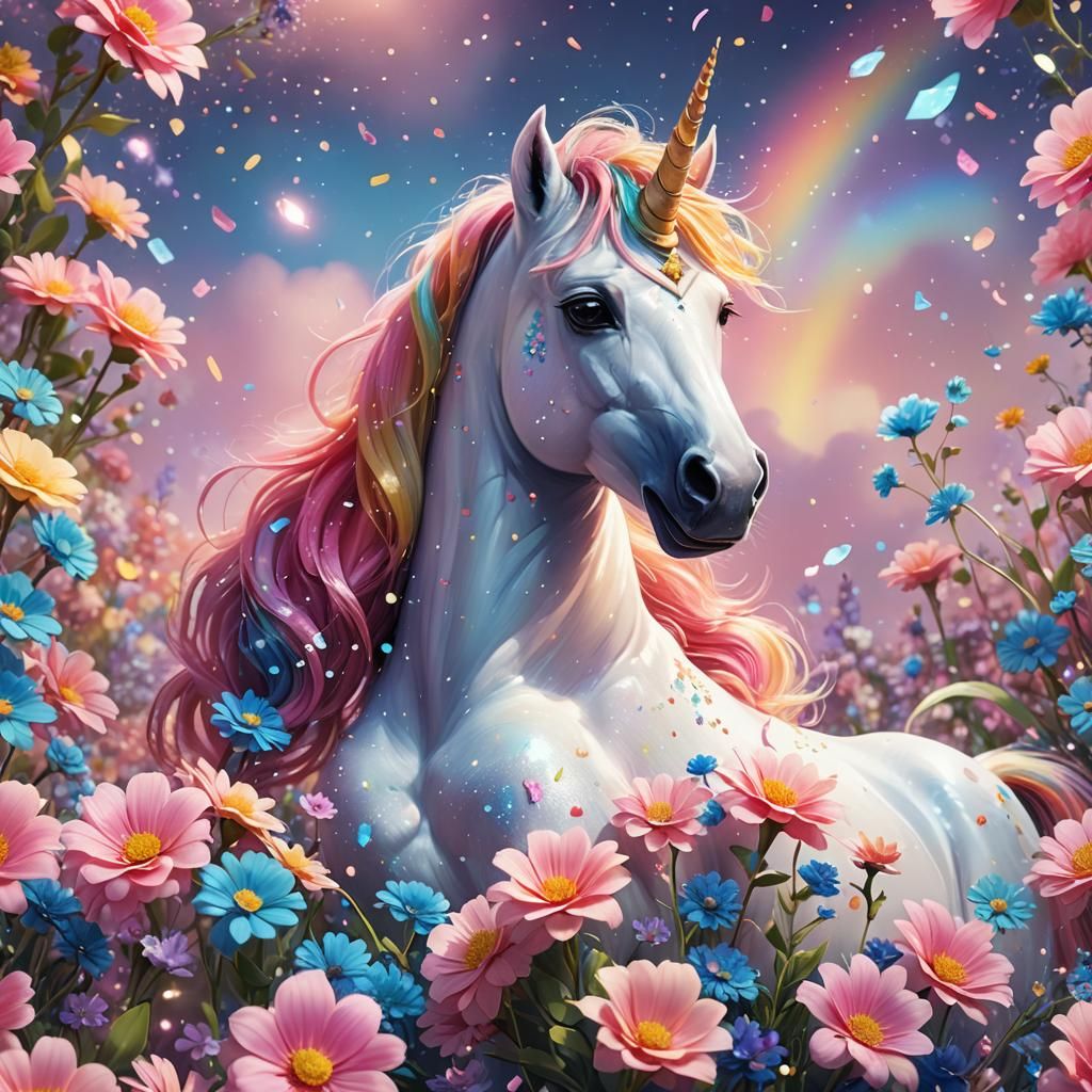 Rainbow Unicorn Floats in Dreamy Pixar-Style Scene