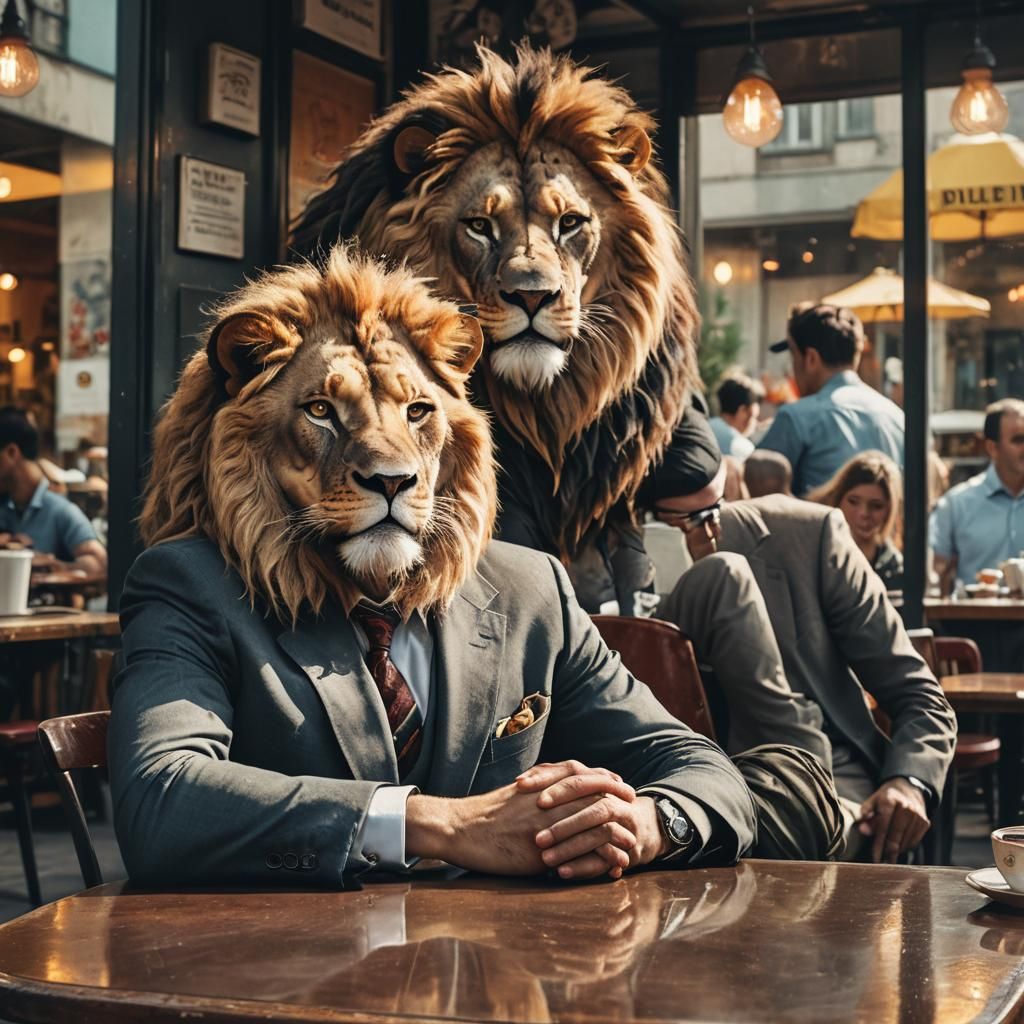 Lion-Headed Businessman in Cafe: Photorealistic Portrait