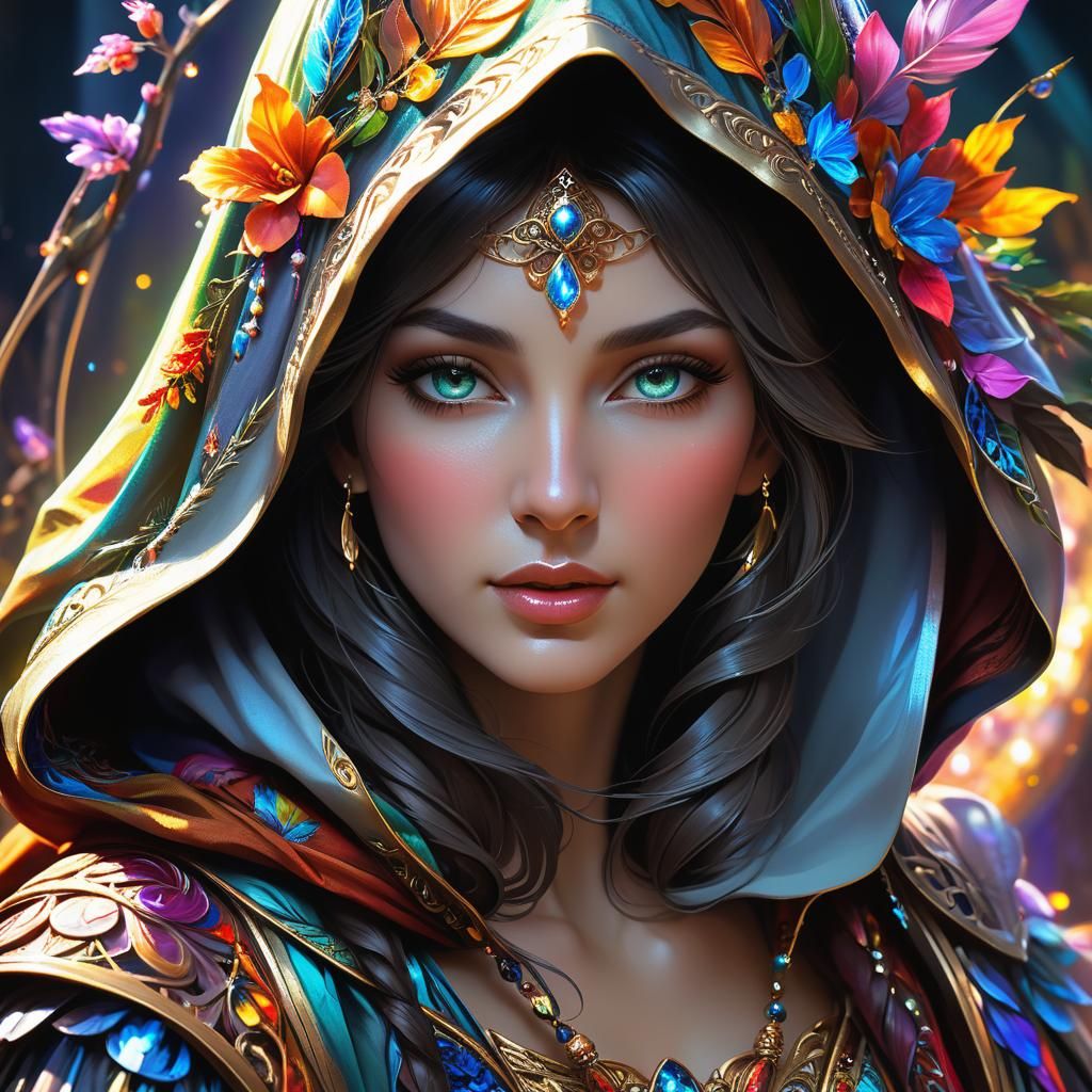 Intricate Portrait of Hooded Woman in Black Light Art