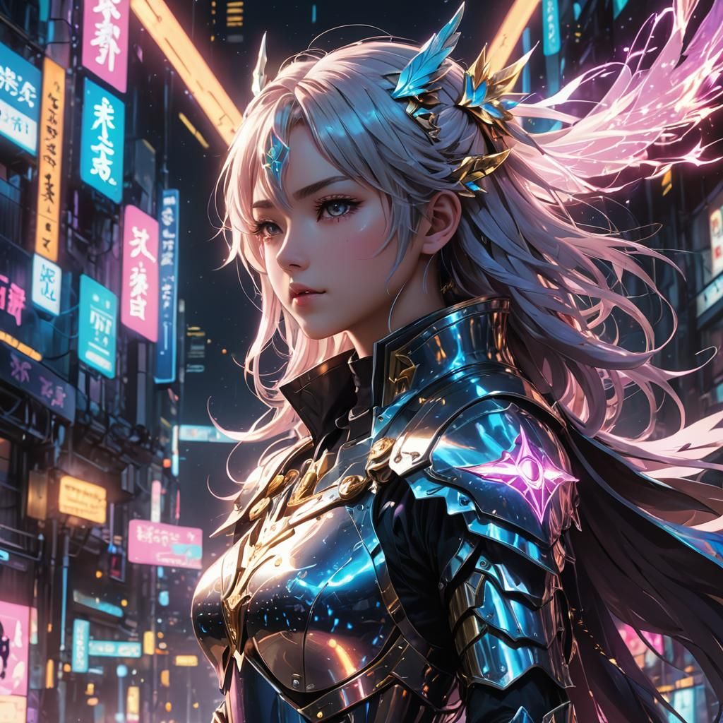 Cyberpunk Anime Paladin Woman with Iridescent Textures