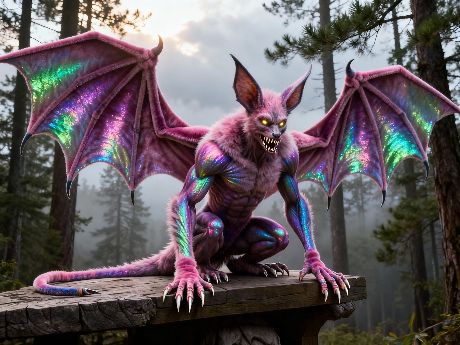 Humanoid Bat Creature with Iridescent Wings