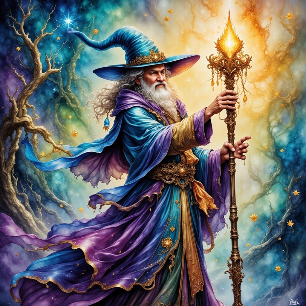 Whimsical Wizard Amidst Swirling Watercolor Textures