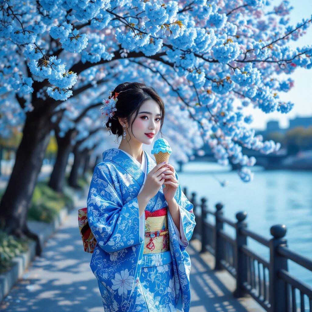 Japanese Woman in Blue Kimono with Cherry Blossoms and Ice C...