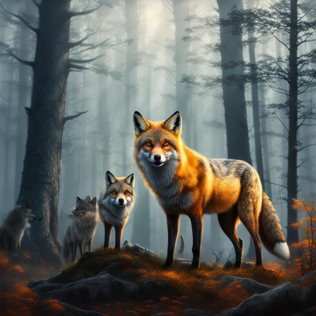 Fantasy Foxwolf Emerges from Enchanted Misty Forest