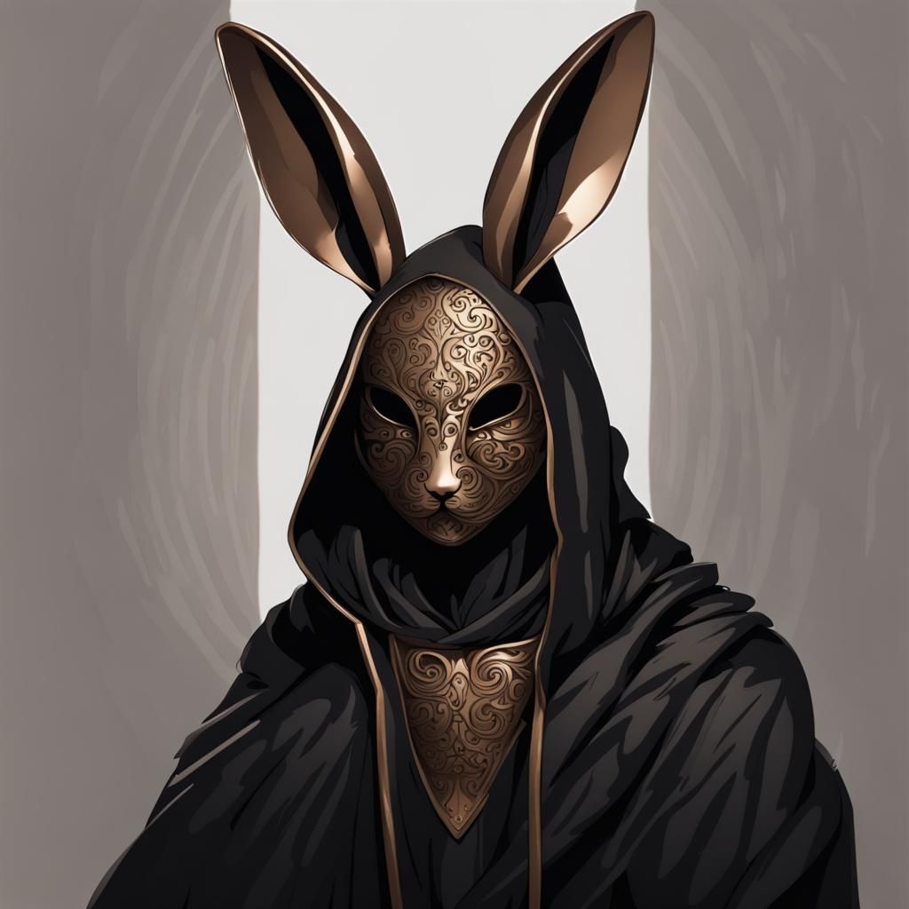 Mysterious Bronze Masked Bunny in Black Cloak