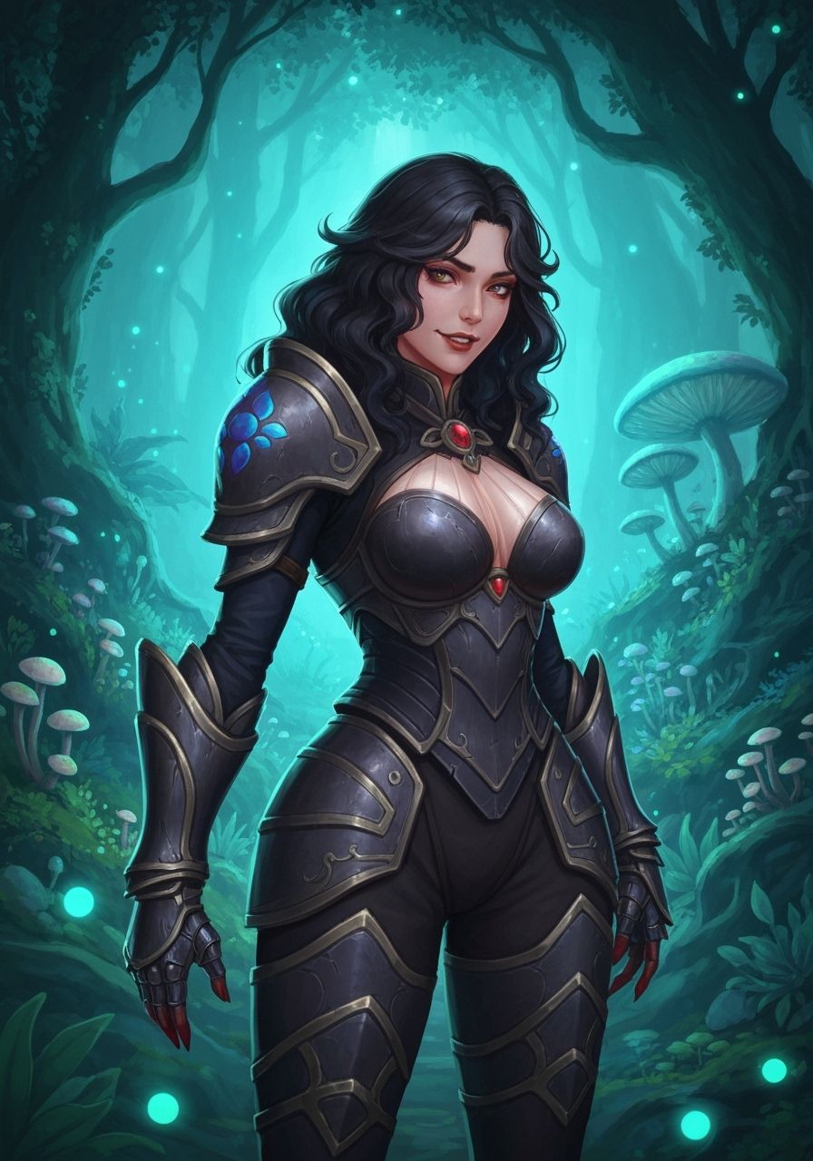 Armored Woman in Bioluminescent Forest, Fantasy Art