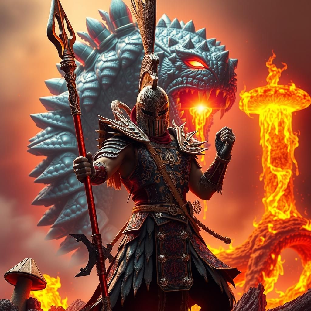 Heroic Warrior in Fiery Landscape