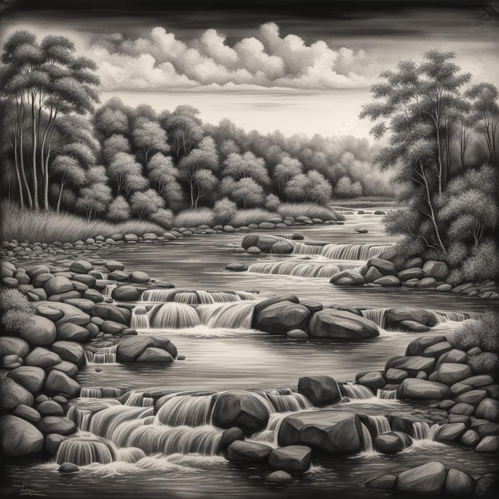 River Scenic View in Charcoal Drawing