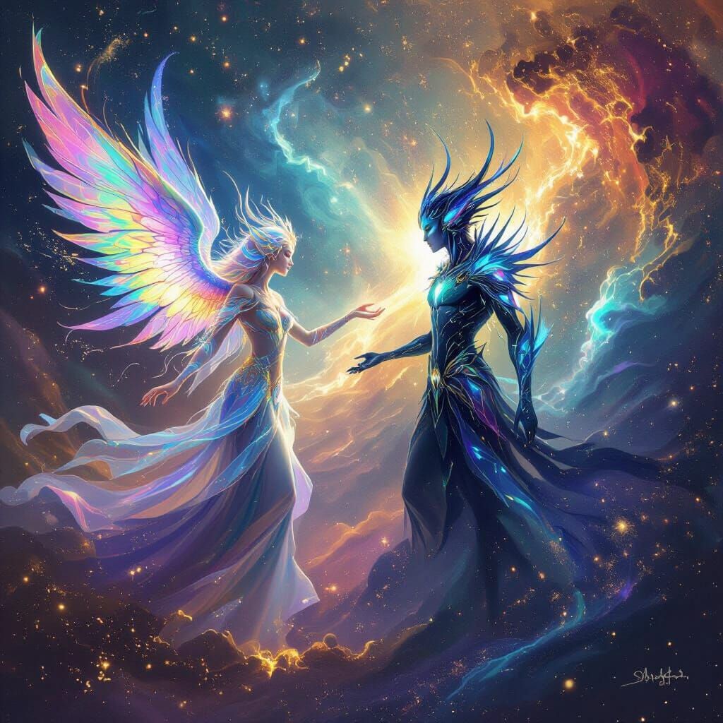 Celestial Beings Hawa & Illiyeen in Cosmic Nebula