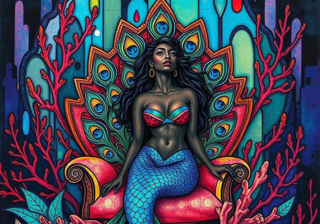 Peacock Mermaid in Graffiti Street Art Style