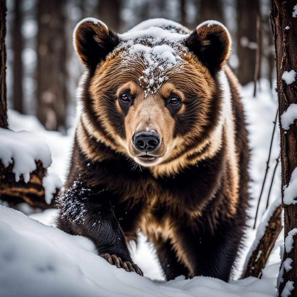Baby Bear Emerges from Snowy Den: Hyperrealistic Image