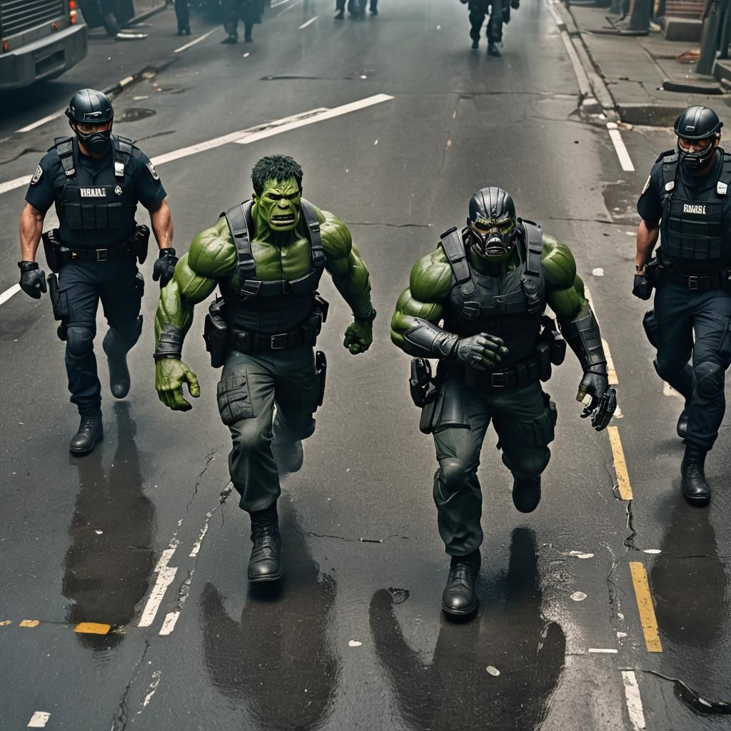 Hulk Escorted by SWAT: Ultra HD Realism