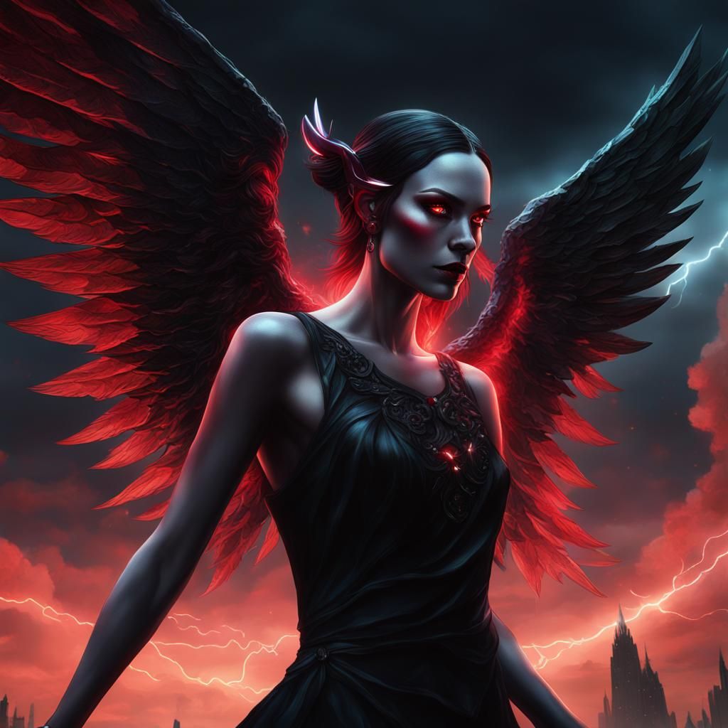 Female Angel with Black Wings in Stormy Sky