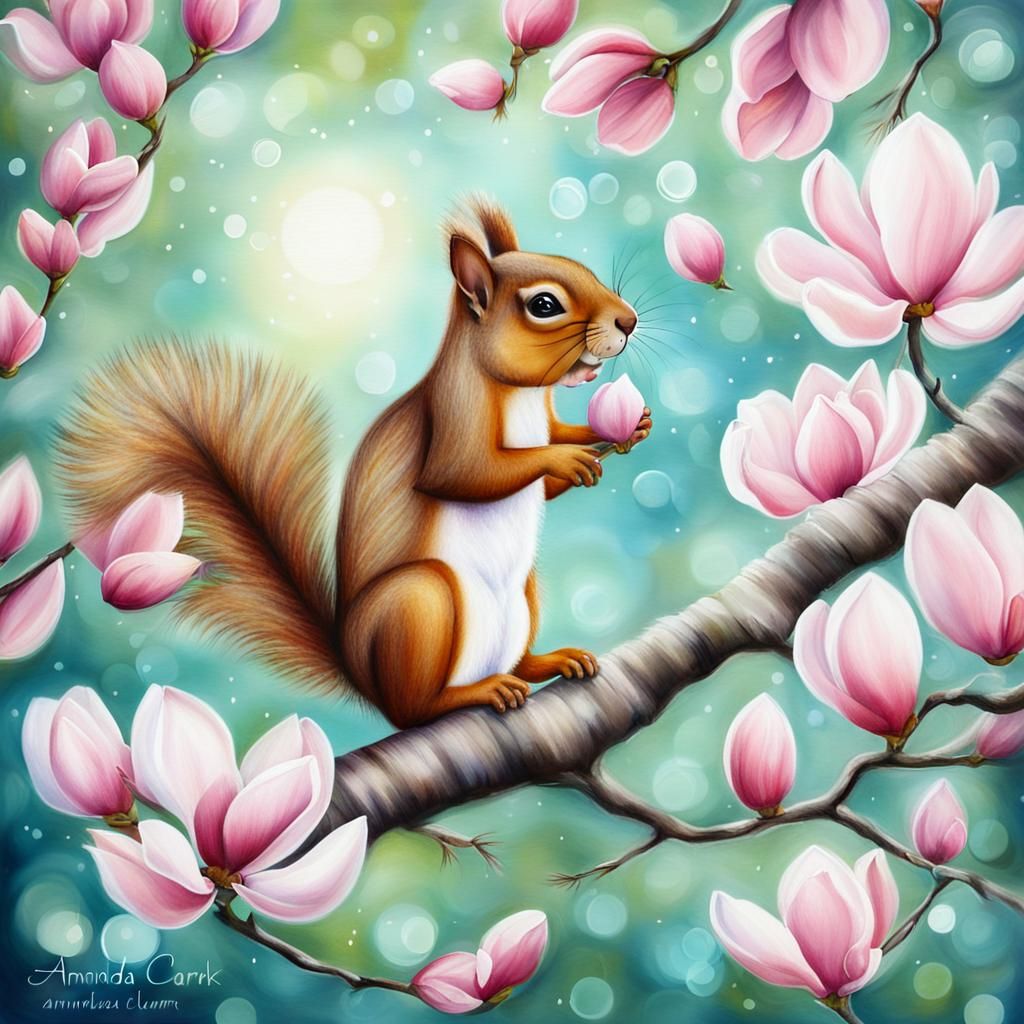 Squirrel's Whimsical Play Under Magnolia Tree