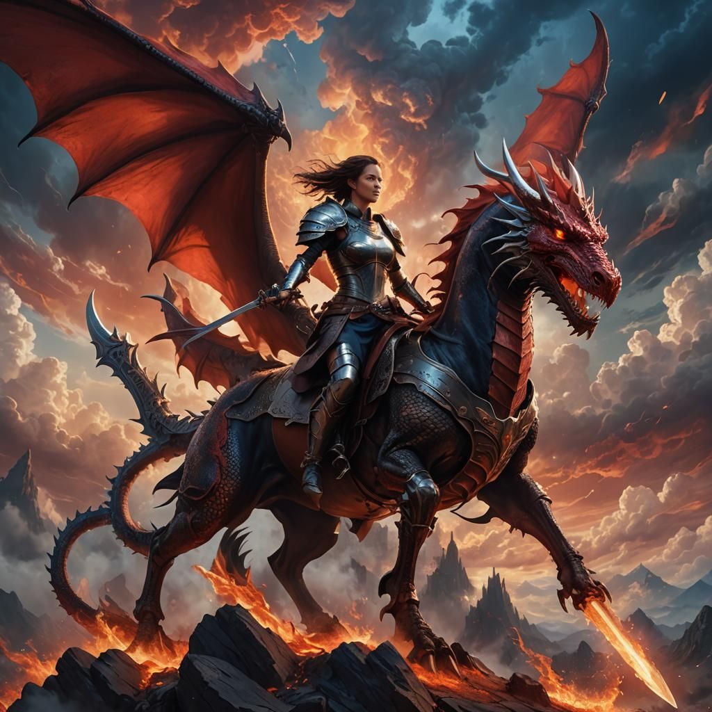 Woman Riding a Red Dragon: Fantasy Art