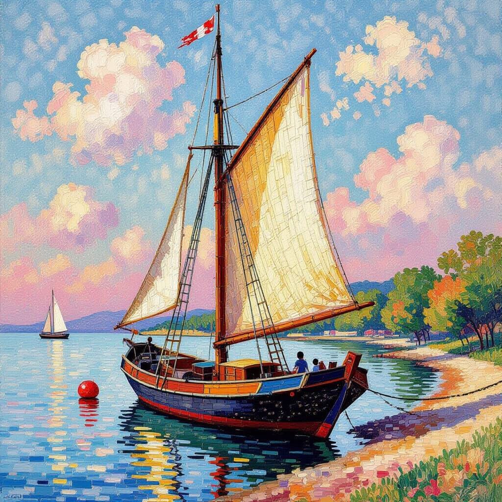 Pointillist Djong Sailboat in Peaceful Bay