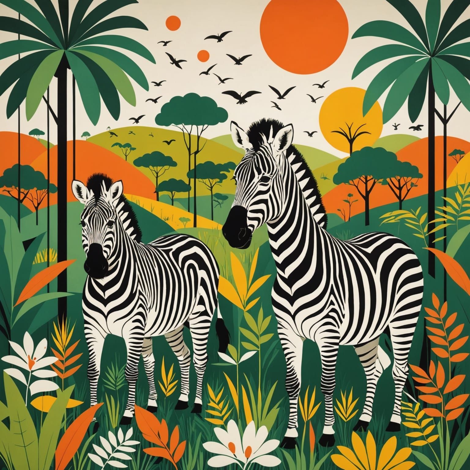 Vibrant Safari Scene in Geometric Modernist Style
