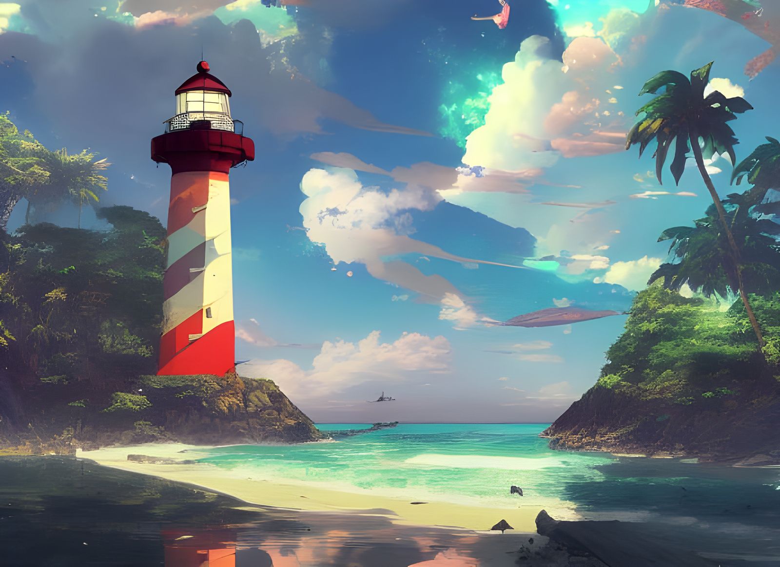 Tropical Beach Lighthouse in Anime Style