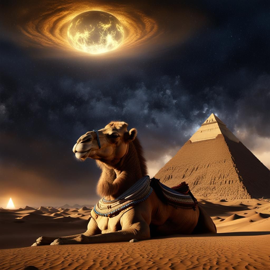 Majestic Camel and Pyramid in Golden Light