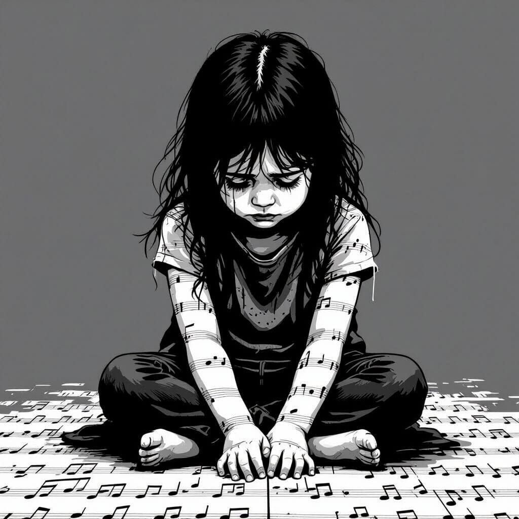 Crying Girl Composed of Musical Notes in Monochrome