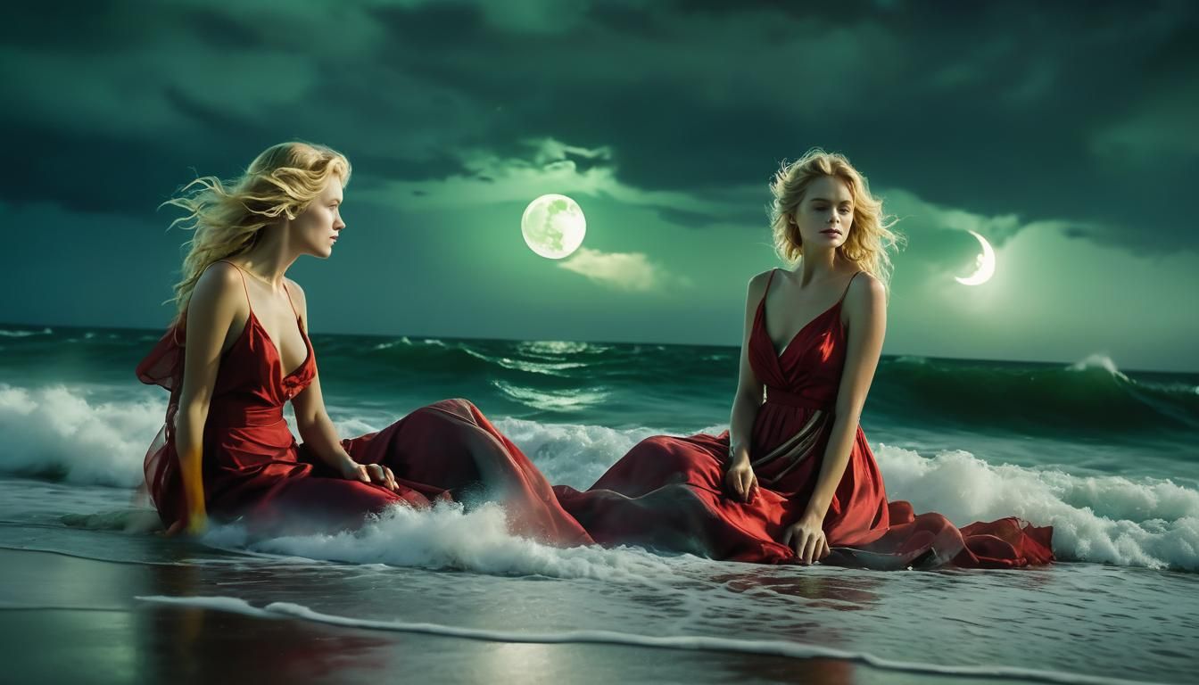 Blonde Woman on Stormy Shore Under Green Moon