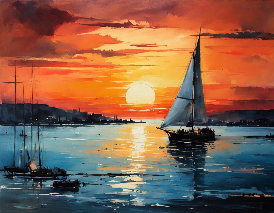 Surreal Sunset Scene with Sailing Ship in Vibrant Color Pale...