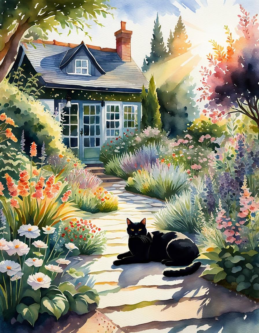 Black Cat in Romantic Watercolor Garden
