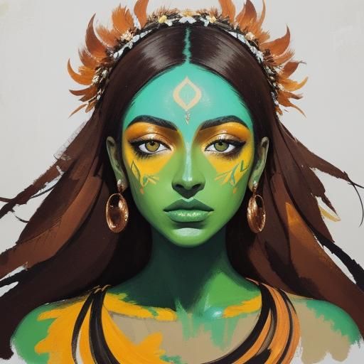 Abstract Expressionist Portrait: Woman with Peacock Feathers