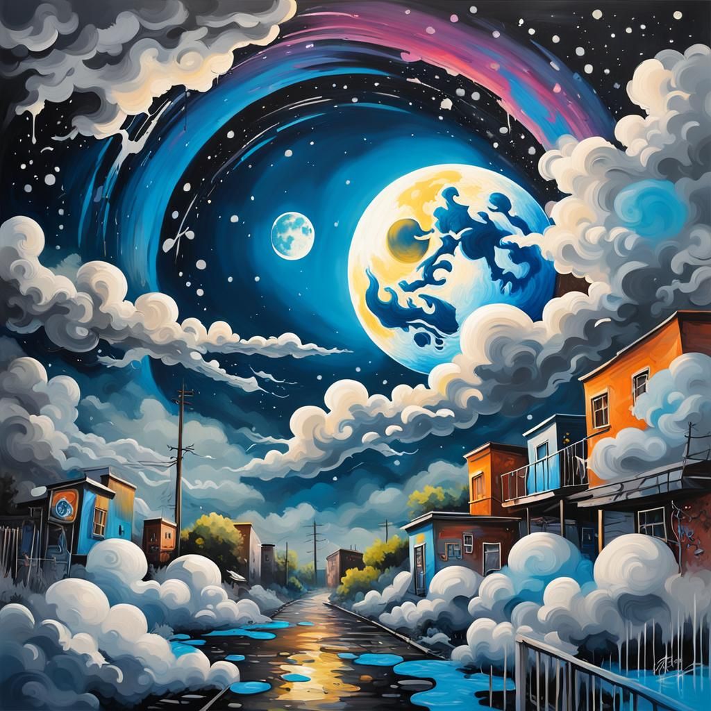 Blue Moon Graffiti Art with Starry Background