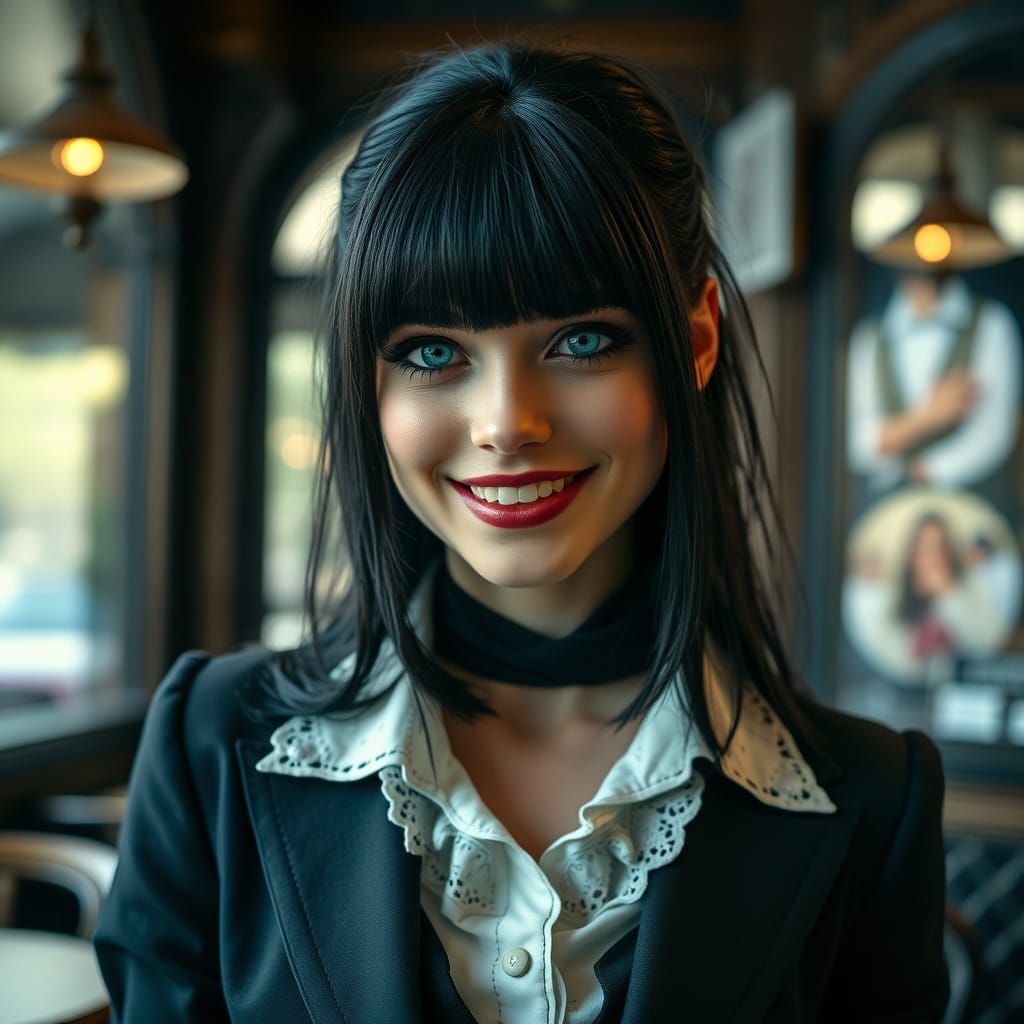 Gothic Woman Smiles in a Moody Cafe