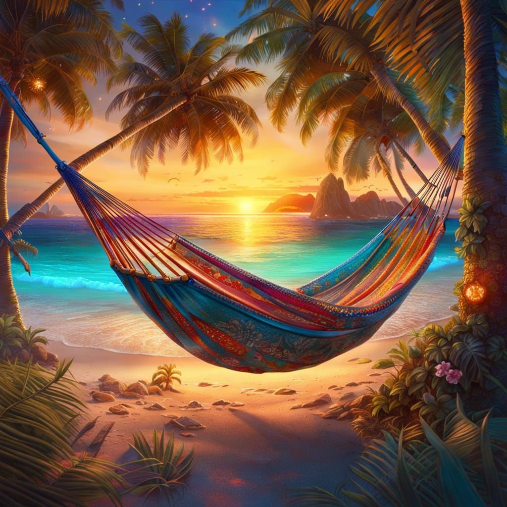 Dreamy Island Hammocks at Sunset: Fantasycore Artwork