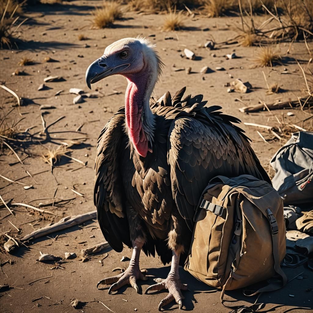 Vulture on Empty Backpack: Dark Wildlife Photography