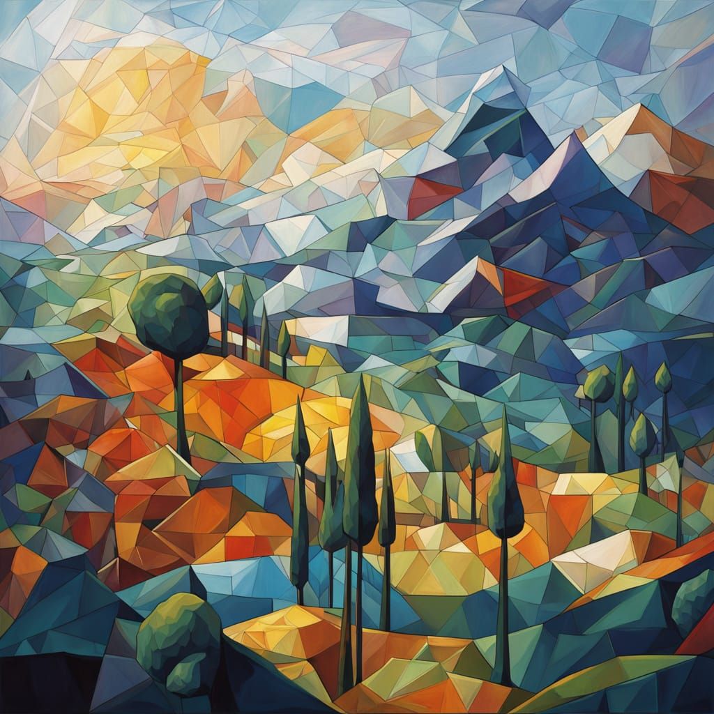 Geometric Landscape Mosaic in Cubist Oil Painting Style