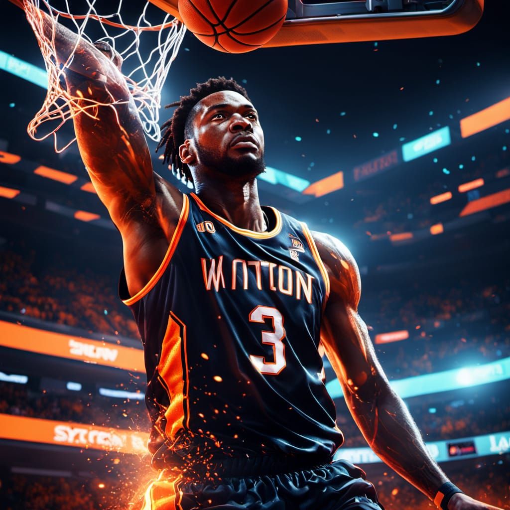 Sci-Fi Basketball Player Dunking in Neon Arena
