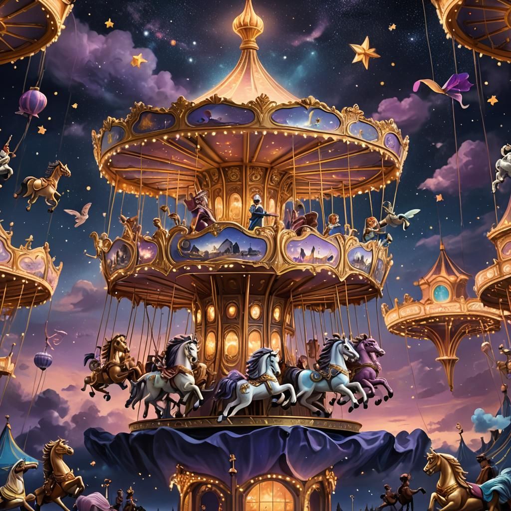 Children Ride Carousel Animals Under Starry Night