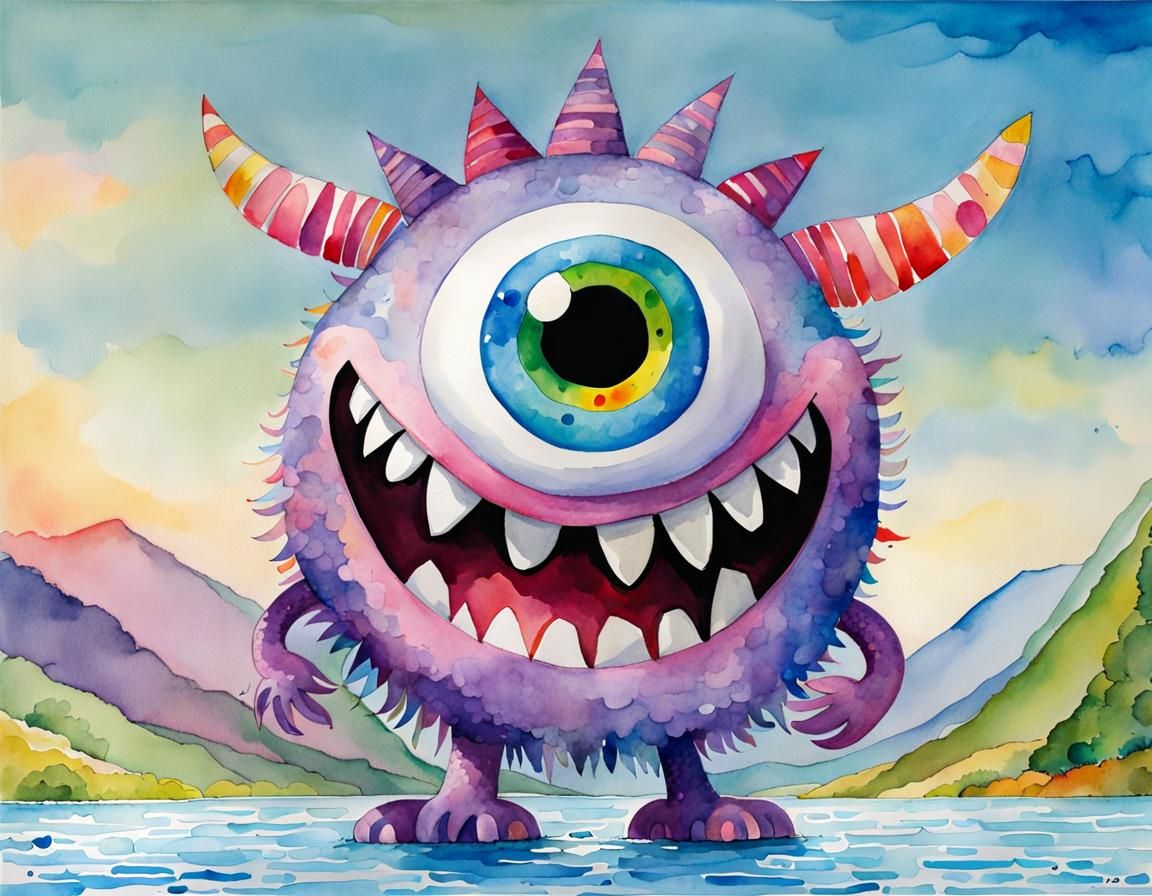 Happy One-Eyed Creature in Watercolor Style