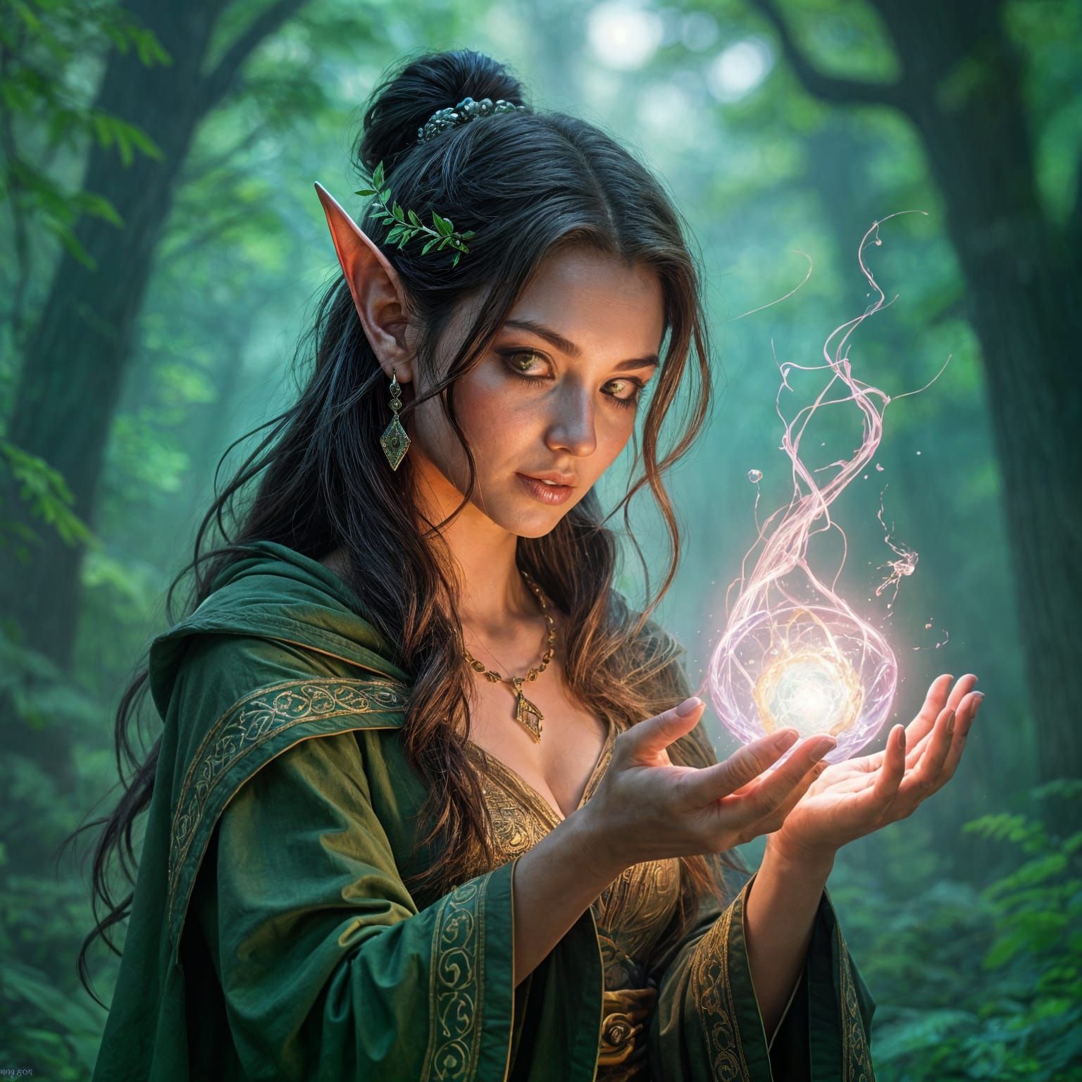 Elven Sorceress Casting Healing Magic in Forest - Hyperreali...