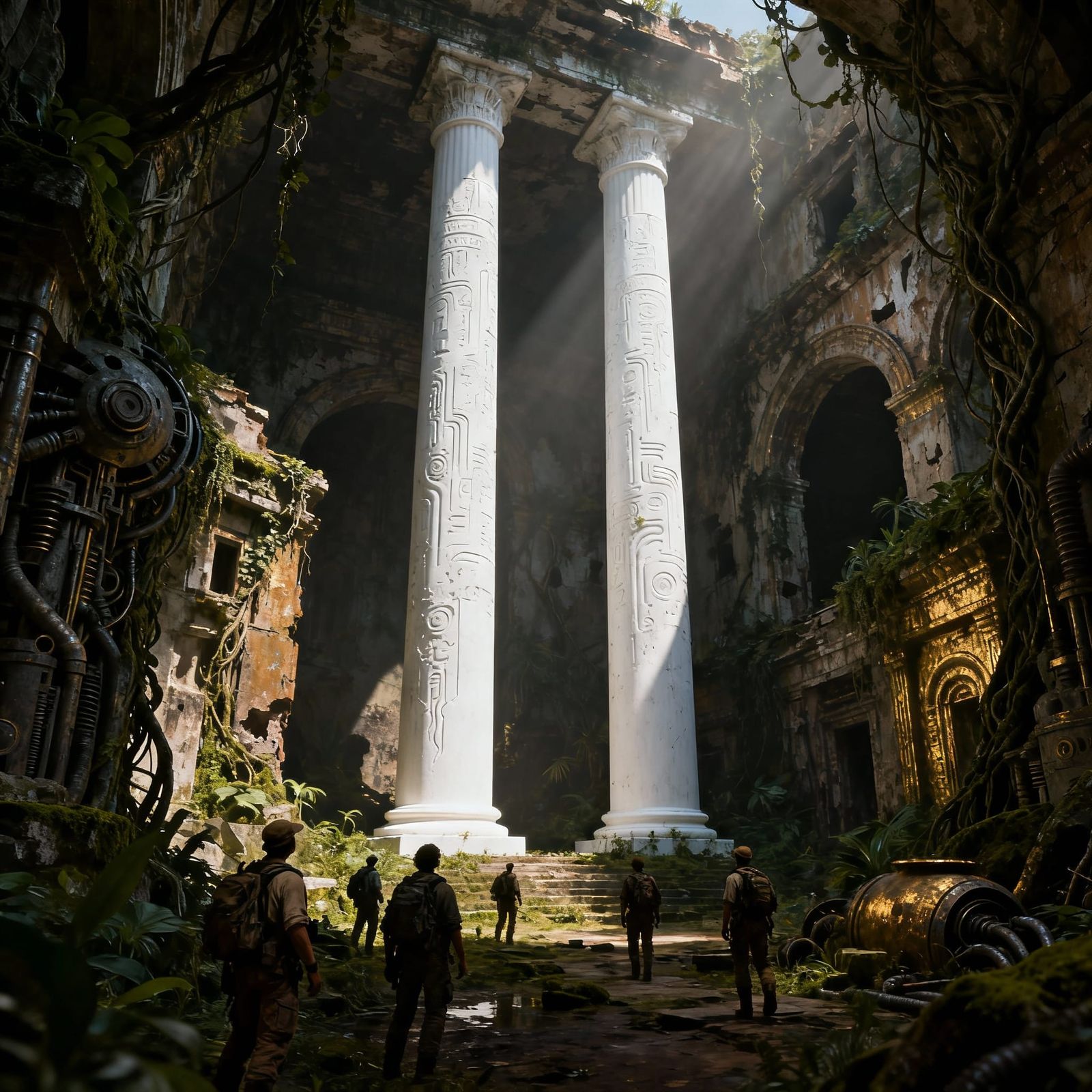 A group of archeologists in a ruined and overgrown town in t...