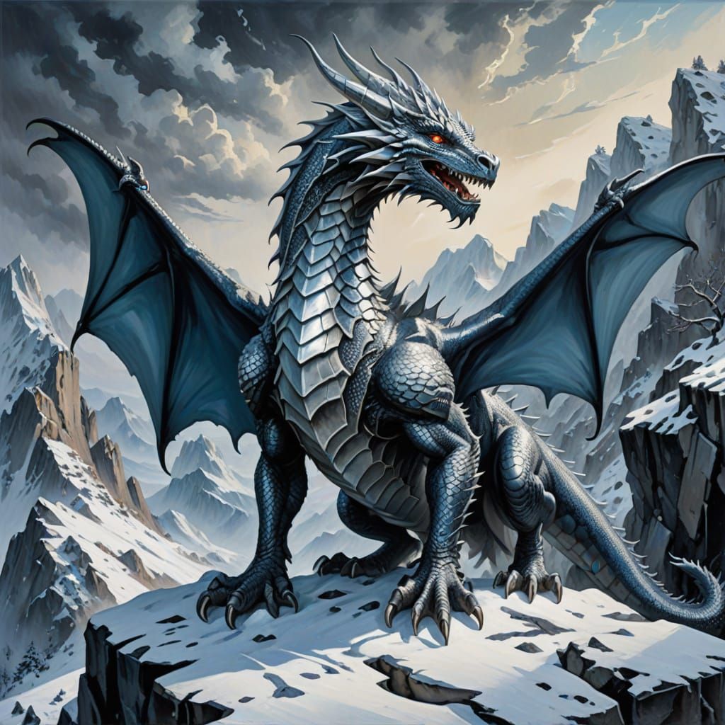 Silver Dragon on Snowy Cliff in Bauhaus Style Oil Painting