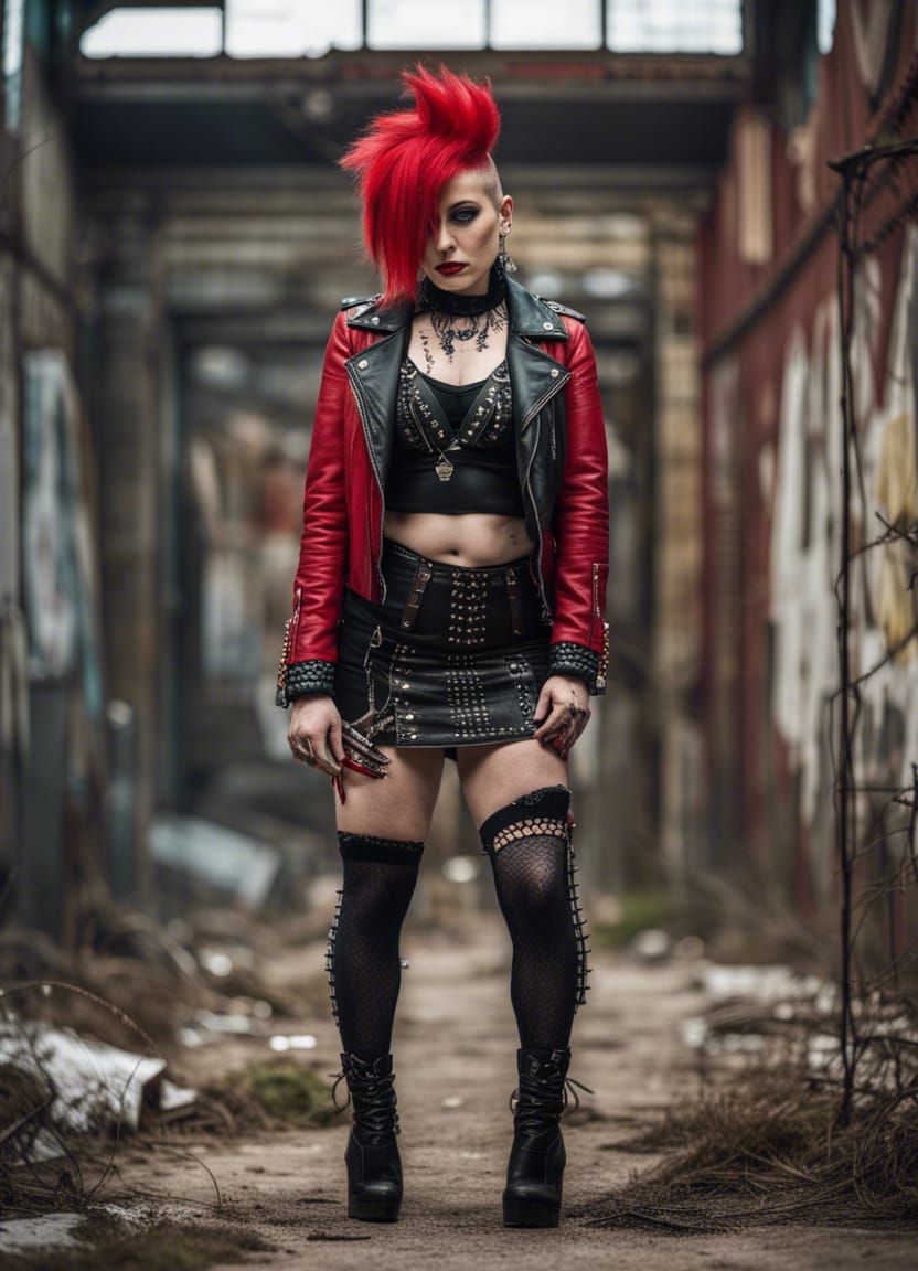 Punk Woman with Red Mohawk in Abandoned Factory