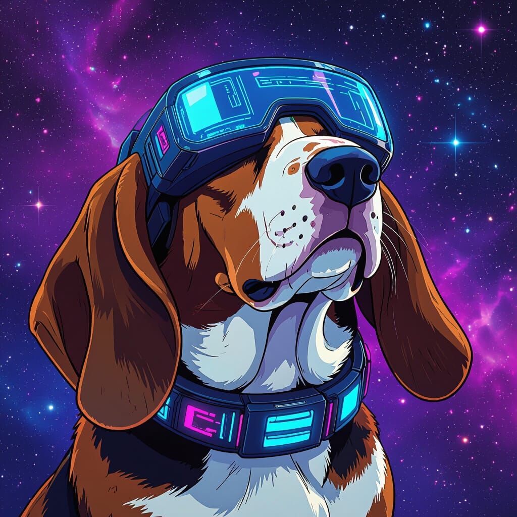 Basset Hound in Futuristic Visor Floats Through Nebula