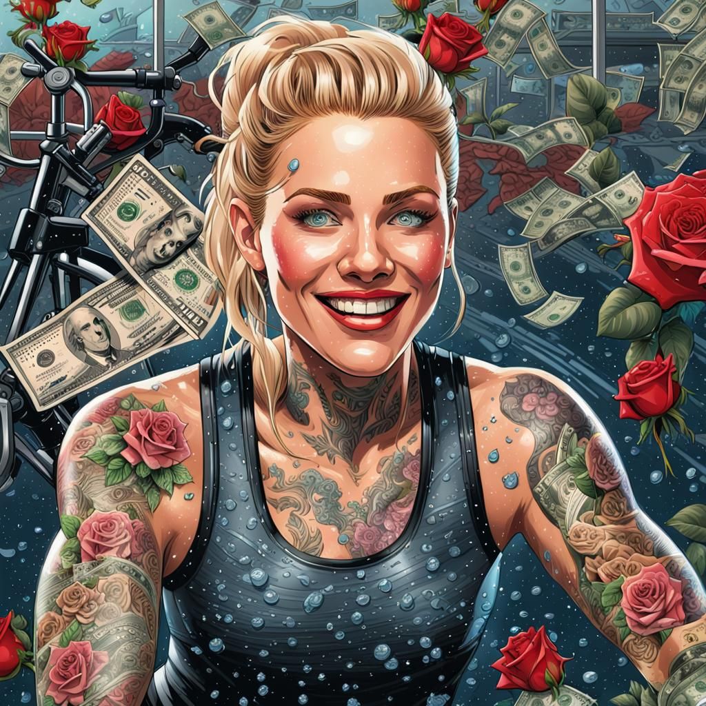 Comic Art: Blonde Woman on Exercise Bike