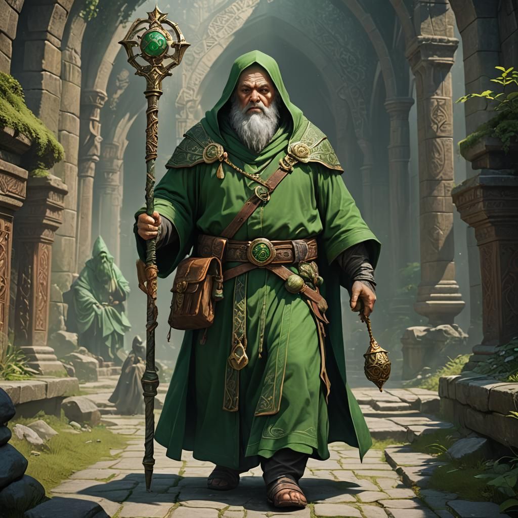 Green-Robed Cleric Monk in Detailed Fantasy Art