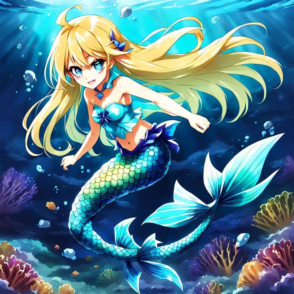 Evil Mermaid with Cyan Tail in Anime Style