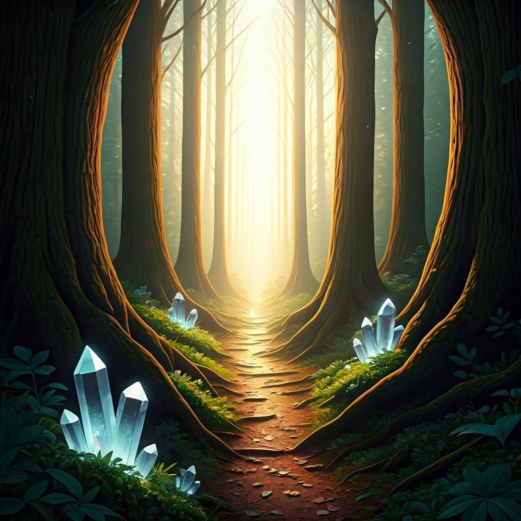 Ethereal Crystals in Mystical Forest with Divine Light