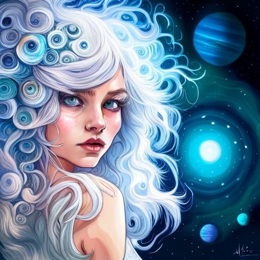 Ethereal Girl with Cosmic Hat, Anime Style