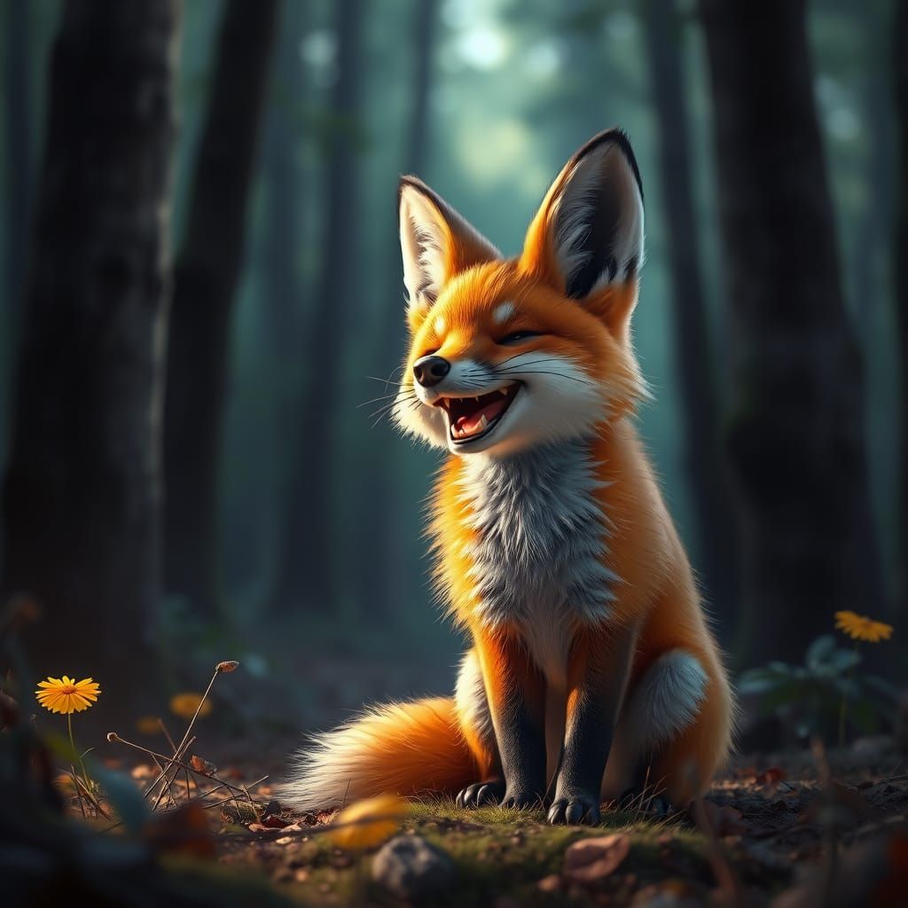 Laughing Fox in Forest Woods, Dark Fantasy Art