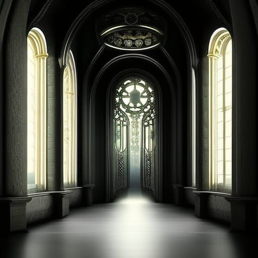 Majestic Hallway with Sumptuous Window in Digital Painting S...