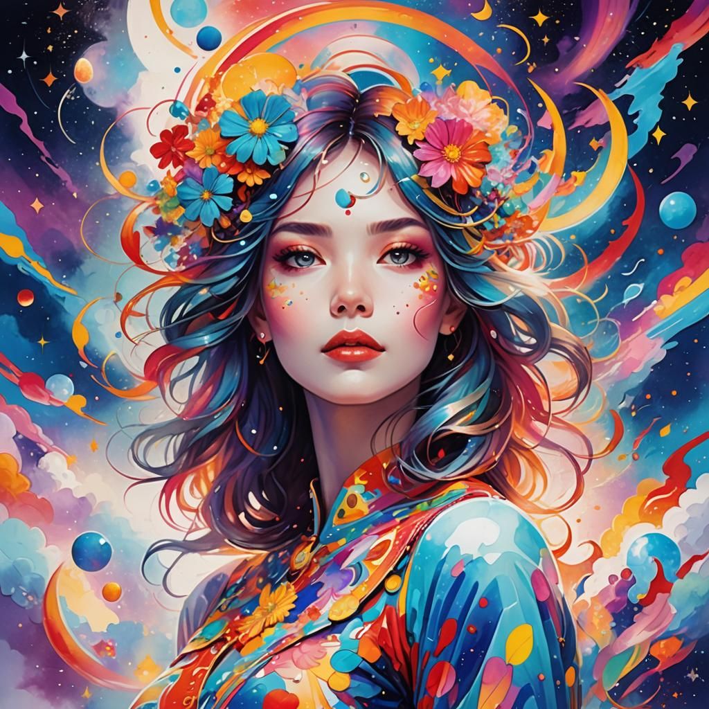 Dreamy Woman in Psychedelic Abstract Style