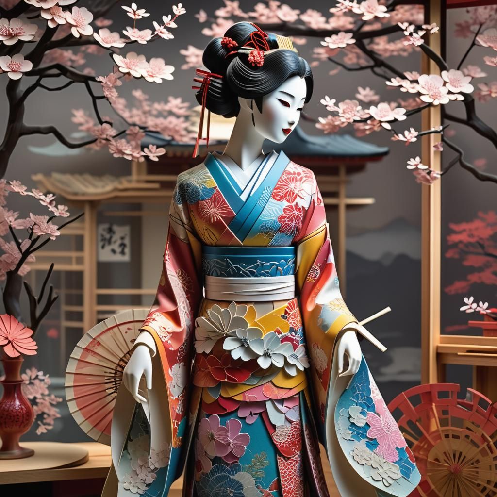Kirigami Geisha Dress Diorama: Hyperrealistic Shop Scene